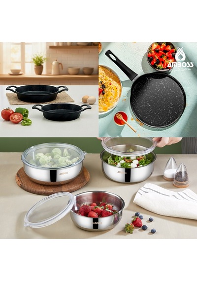 9 Parça Siesta Paslanmaz Çelik Saklama Kabı Sahan Set & Krep Tava siyah