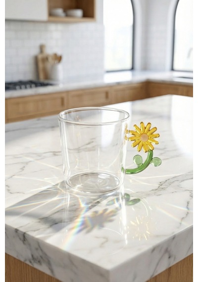 Pureglass Çiçek Kulplu Cam Kupa - 350 Ml Şeffaf