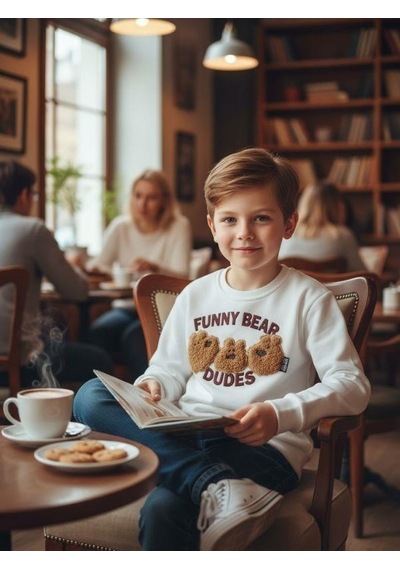 Zekids Erkek Çocuk Peluş Ayıcık İşlemeli Sweatshirt-16393 Ekru