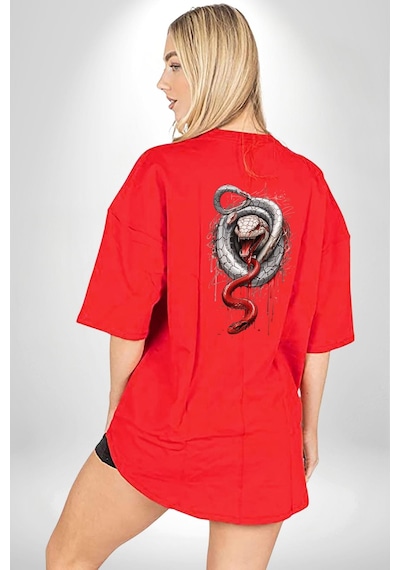 Beyaz Ve Kırmızı Yılan Kırmızı Oversize Unisex Ön Ve Sırt Baskılı Tişört Kırmızı