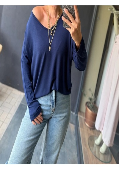 Mirve Butik V Yaka Yumoş Merserize Bluz Lacivert