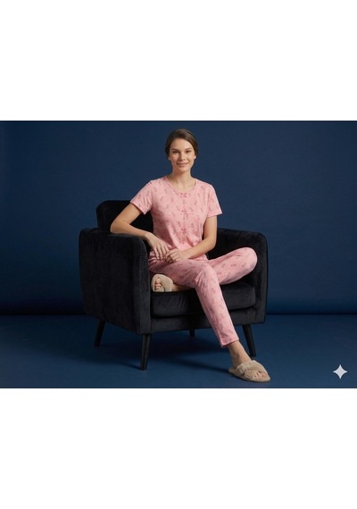 Sleeproom Yazlık Pembe Ananas Desenli Kısa Kol Penye %100 Pamuk Pijama Takım