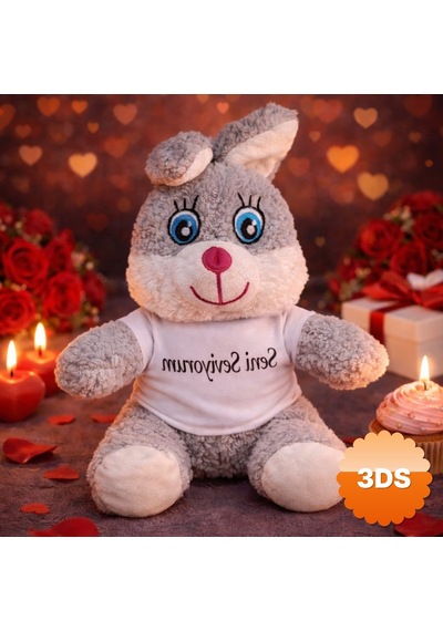Seni Seviyorum Tişörtlü Sevimli Peluş Tavşan 25 Cm Gri