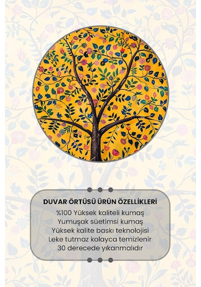Sarı Çiçekli Ağaç Desenli Duvar Halısı Duvar Örtüsü Tapestry Süet Dokulu Kumaş