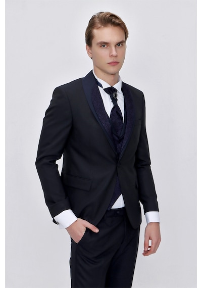 Morven Erkek Lacivert Santos Çıkma Yaka Slim Fit Damatlık Lacivert