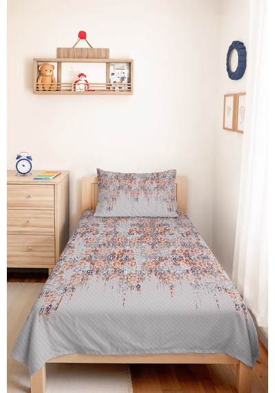 Etnik Modern Gri Genç Odası Tek Kişilik Pike Takımı - Mavi Turuncu 160x220 Cm Kapitone Yatak Örtüsü Masalsı Masal Kokusu