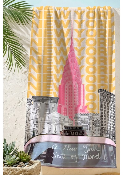 New York Şehir Temalı Modern Plaj Havlusu - Urban Retro Pembe Sarı Hızlı Kuruyan Mikrofiber Havlu Donuk Çayı