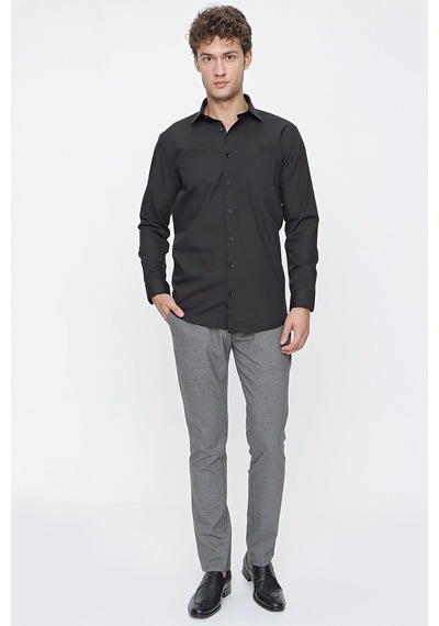 İmza Siyah Uzun Kollu Sert Yaka Cepli Pamuklu Basic Comfort Fit Rahat Kesim Gömlek 1004240051-siyah Siyah