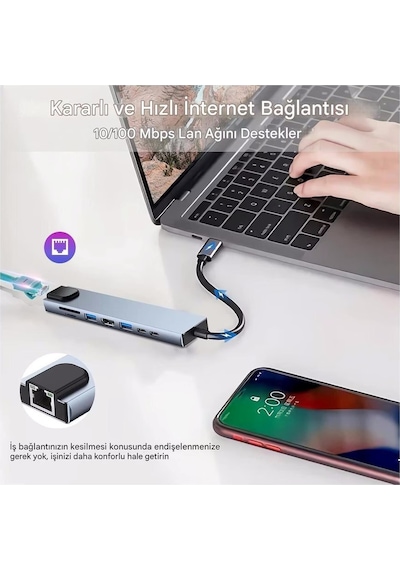 Macbook Ve Laptop Uyumlu Çok Fonksiyonlu Usb-c Dönüştürücü - Alüminyum Gövdeli Hub