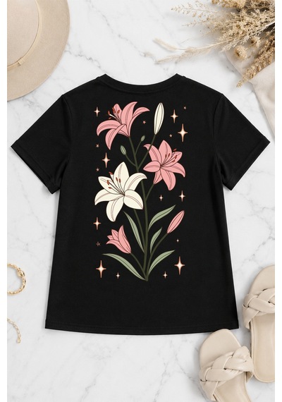 Spoyi Soft Lily Tasarımlı %100 Pamuk Yarım Oversize Siyah T-shirt