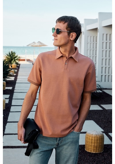 Grimelange Laporte Erkek Dokulu Kumaşlı Slim Fit Kiremit Rengi Polo Yaka T-shirt