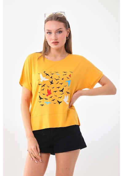 Sistas Kadın Desenli Kısa Kol Bluz 23141 Sarı