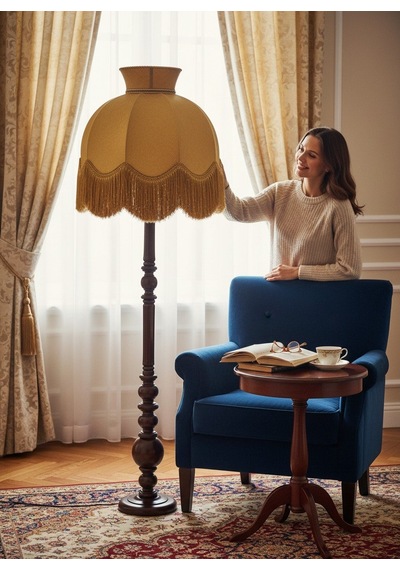 Gold Kadife Başlık Koyu Ceviz Ahşap Ayaklı Lambader Vintage Model 170x50cm Altın