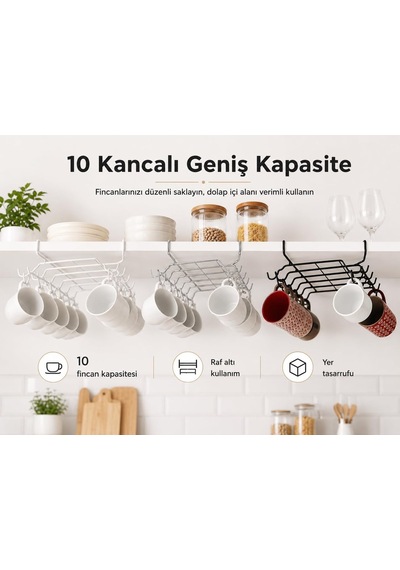 Alper Banyo 10 Kancalı Beyaz Fincanlık, Rafa Geçmeli Fincan Askısı, Dolap Altı Kupa Düzenleyici, Montajsız Metal Diğer