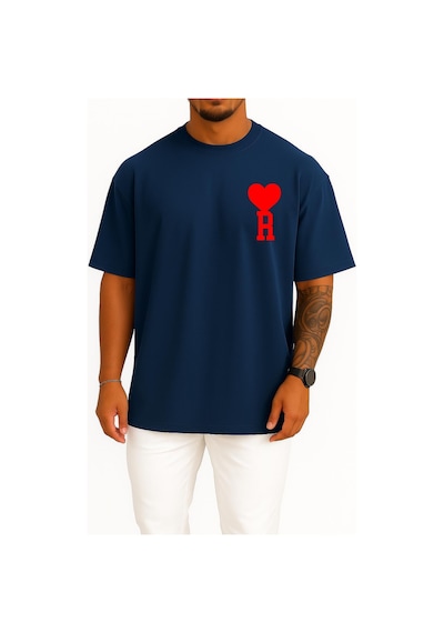 Bahriyeli Collection Oversize Kalp Ve R Harfi Cep Tasarımlı Unisex T-shirt Lacivert