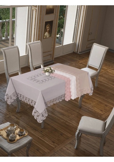Narin Lüx Dantelli Keten Kumaş Gri Masa Örtüsü Dikdörtgen 160x230 Cm - 324 Çok Renkli