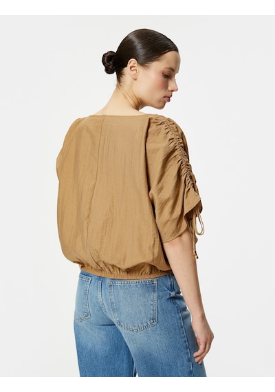 Koton Crop Bluz Drapeli Yarasa Kollu Kahverengi 4sak60345uw 4SAK60345UW517 Kahve