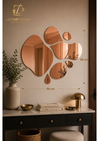 Dekoratif Damla Ayna Seti - 1mm Gold Rose Ayna Pleksi - Modern Antre Ve Salon Duvar Dekoru 50x66 Cm Metalik Metalik