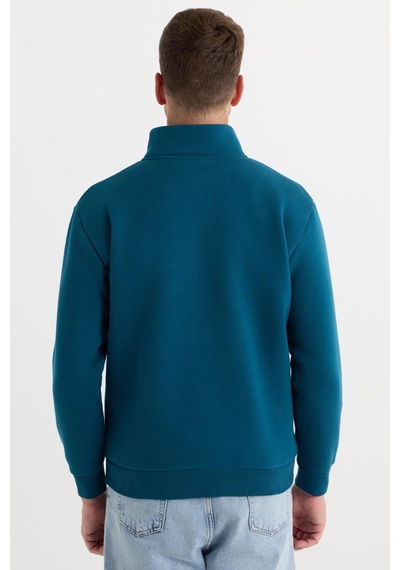 Tudors Unisex Relax Fit Rahat Kesim Pamuklu İçi Polarlı Yarım Fermuarlı İndigo Dik Yaka Sweatshirt-31449 Indigo