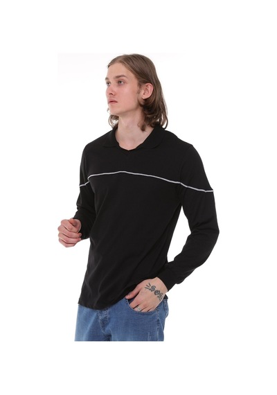 Uniprom Uzun Kollu T- Shirt Penye Polo Yaka %100 Pamuk Siyah Erkek Siyah