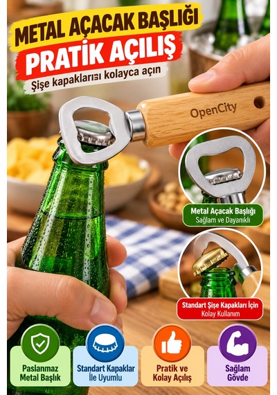 Bambu Saplı Metal Şişe Açacağı Gazoz Soda Meşrubat Kapak Açacak Ergonomik Mutfak Aparatı 14 Cm