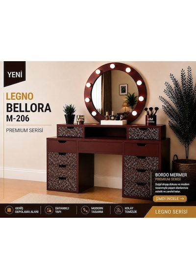Legno Bellora Premıum Yuvarlak Aynalı Bordo Mermer Desenli Makyaj Masası