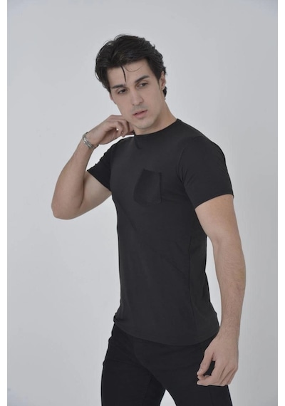 Novalisse Erkek File Çepli T-shirt Kısa Kol Bisiklet Yaka Slimfit Tişört - Siyah Çoklu Renk