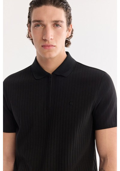Avva Erkek Siyah Kıvrılmaz Polo Yaka Fermuarlı %100 Pamuk Regular Fit T-shirt A61y1038