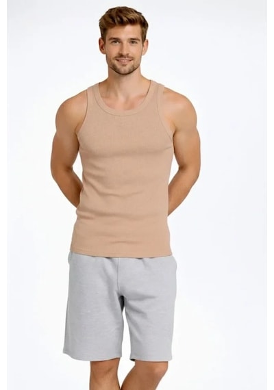 Vexor Erkek Fitilli Atlet Sıfır Yaka Slim Fit Arka Baskılı Spor Atlet - Bej