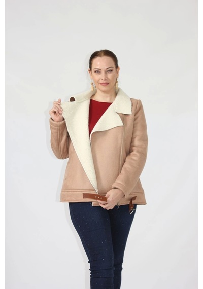 Moda Berray 3263 Kısa Içi Kürklü Eteği Kemer Detaylı Kaban Vizon Kahverengi