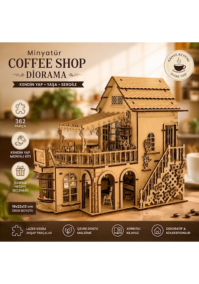 Coffee Shop Diorama Ahşap Maket Seti Dıy Miniatür Kafe Binası Koleksiyoner Modeli 362 Parça