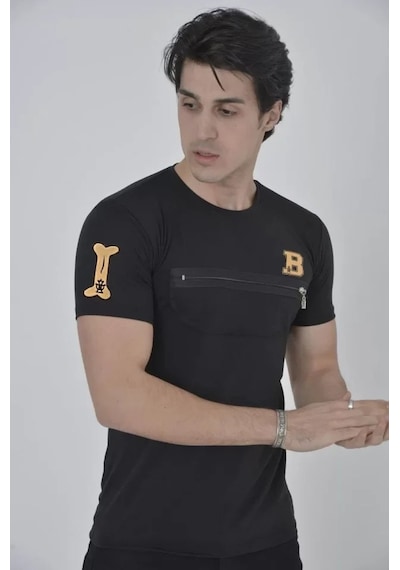 Efnaz Style Unisex Göğüs Fermuarlı Baskılı T-shirt - Siyah