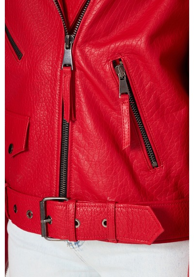 M M Marki Marki Kadın Hakiki Jumbo Deri Ceket Biker Tarz, Kemerli, Oversize, Apoletli, 65 Cm, Kırmızı - 116622x