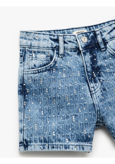 Koton Pamuklu Cepli Taş Detaylı Denim Şort Lıght Indıgo 5skg40124ad Açık Mavi
