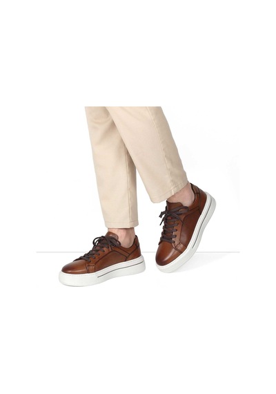 Erkek Taba Baskılı Bağcıklı Kalın Tabanlı Deri Sneaker