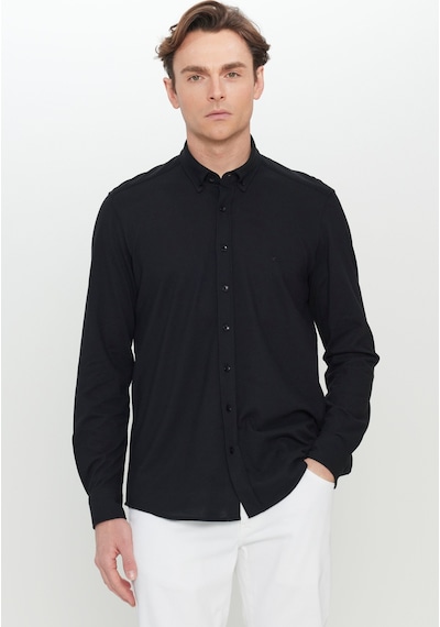 AC&Co / Altınyıldız Classics Erkek Sıyah 360 Her Yöne Esneyen Pamuklu Slim Fit Dar Kesim Düğmeli Yaka Örme Gömlek Siyah