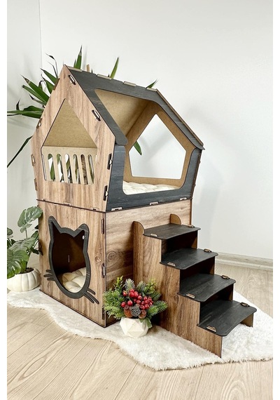 Mavitrend Ahşap Büyük Kedi Evi Xxl Açık Teraslı Model