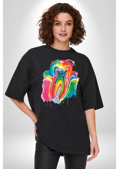 Diş Doktoru Diş Anatomisi Özel Tasarım Pamuklu Bisiklet Yaka Unisex Oversize Boyfriend Dijital Baskılı Siyah T-shirt Siyah