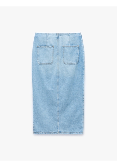 Koton Düğme Detaylı Yırtmaçlı Normal Bel Slim Fit Midi Denim Kalem Etek Açık İndigo 5sal70042md Açık İndigo