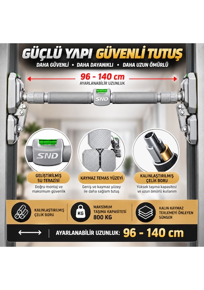 800 Kg Vidasız Barfiks Demiri 96-140 Cm Ayarlanabilir Koridor Barfiksi Duvar Korumalı