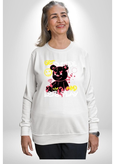 Dışarı Çık Ve Oynayalım Teddy Unisex Beyaz Sweatshirt Beyaz