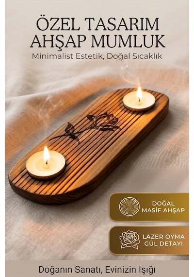 Ahşap El Yapımı İki Bölmeli S Kıvrımlı Tasarım Mumluk, Doğal Ahşap Lazer Gül Detaylı Tealight Mumluğu Kahverengi Kahverengi