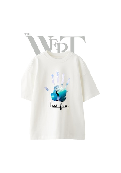 Thewert Surfer Handprint Tasarım Baskılı Ünisex Beyaz Oversize T-shirt