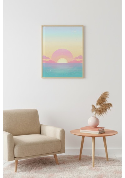 Doğal Ahşap Çerçeveli Retro Tablo - Pastel Tonlarda Gün Batımı Deniz Manzarası Huhu2510