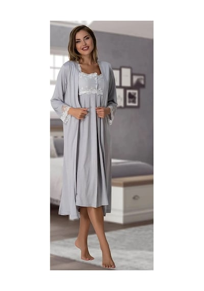 Effort Pijama Mayss Collections 2302 Gri Renk Sabahlıklı Lohusa Gecelik Takımı Gri