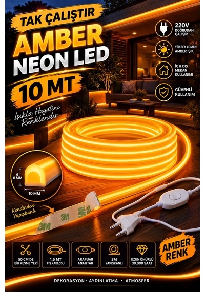 10 Metre Amber 220v Neon Led Şerit ,tak Çalıştır Set, Fişli Anahtarlı Esnek Şerit Led, ,turuncu Led,mutfak,tezgah Ledi,led Şerit Işık ,ambiyans Işık Havuzu, Kendinden Yapışkanlı,kehribar Led