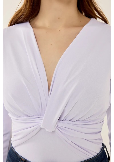 Hiccup V Yaka Uzun Kollu Slim Fit Bodysuit Tozlu Beyaz