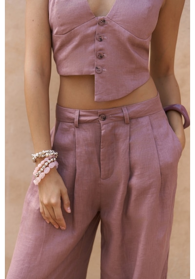 Mai Collection Mai Studios Co. Lvdovila Açık Bordo Keten Crop Yelek Pantolon Takım Acık Bordo