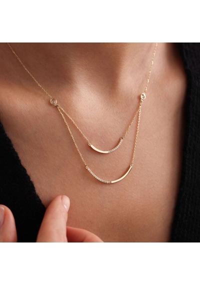 Sembol Gold Altın Çubuk Kolye Çift Zincir T12763