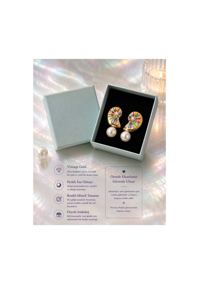 Pearl Collection Renkli Mineli Gold İnci Küpe Altın Altın